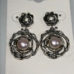 NWOT Sterling Silver White Mobe Pearl Freeform Dangle Earrings